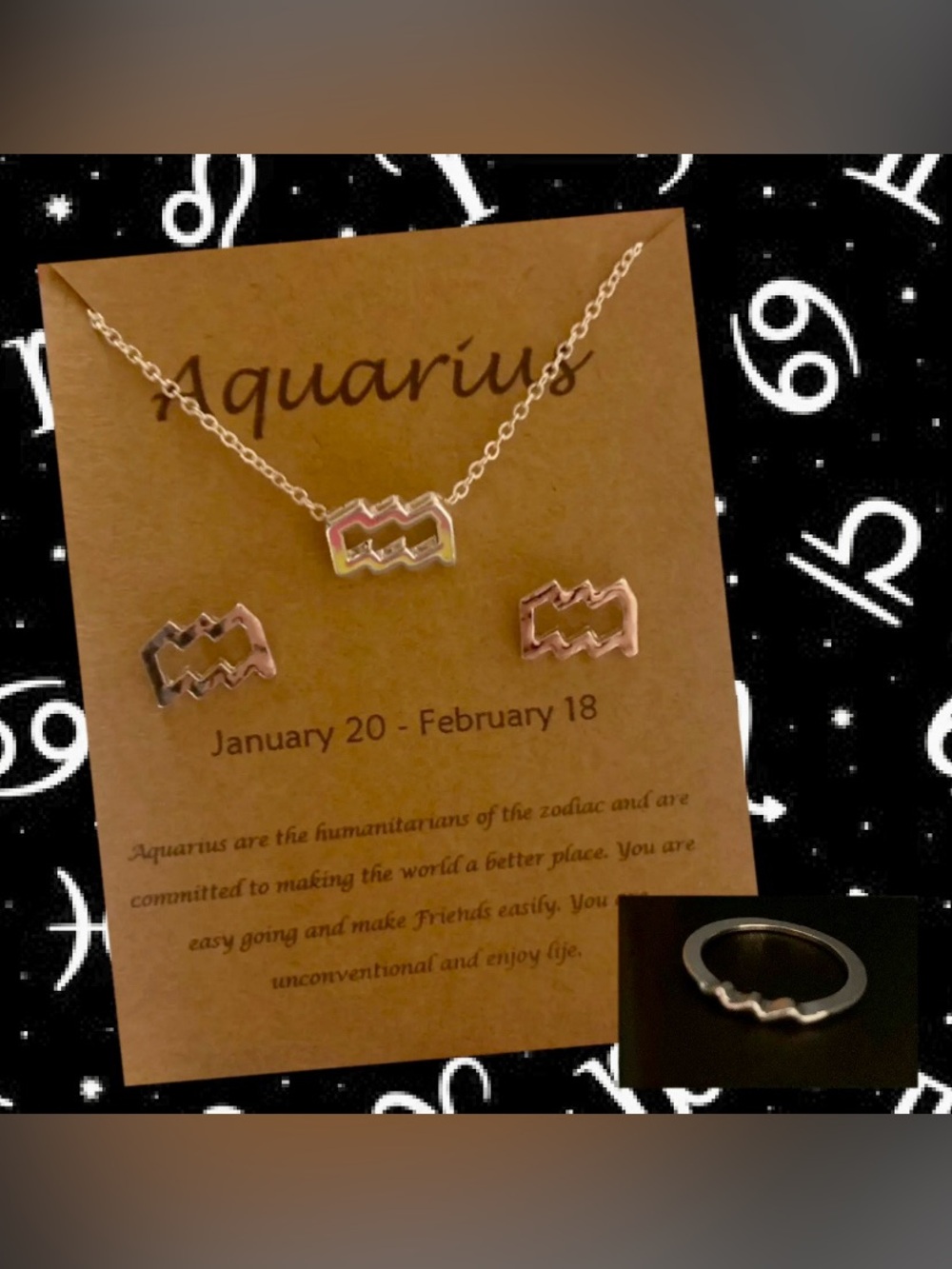 Aquarius Zodiac Necklace, Stud Earrings & Ring Set ♒️